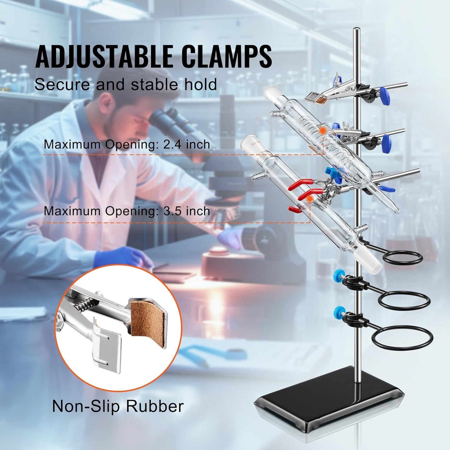 Premium Lab Stand Support Set - 23.6" Steel Rod with Cast Iron Base & Flask, Burette, and Cross Clamps