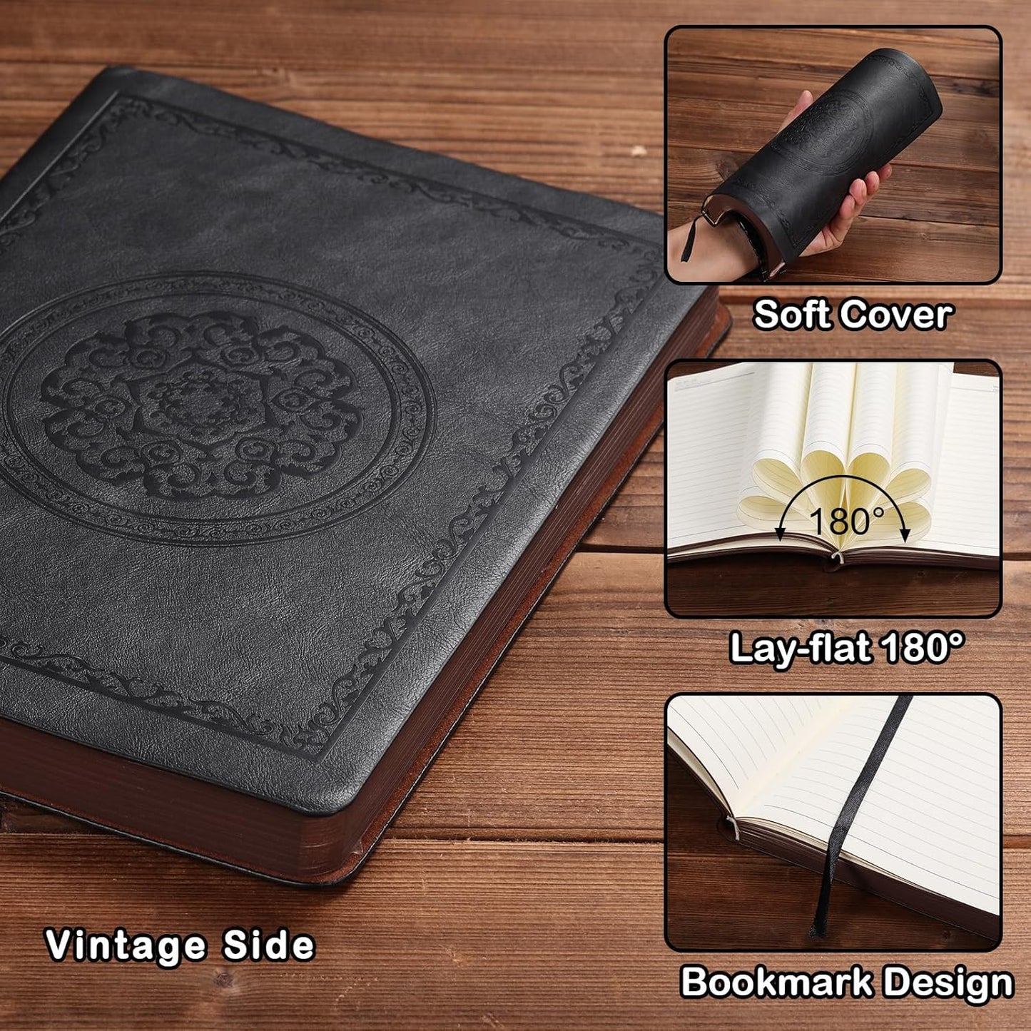 Leather Vintage Journal Notebook - 300 Lined Pages, Softcover for Writing, Travel, and Business - 5.7" x 8.3", Black