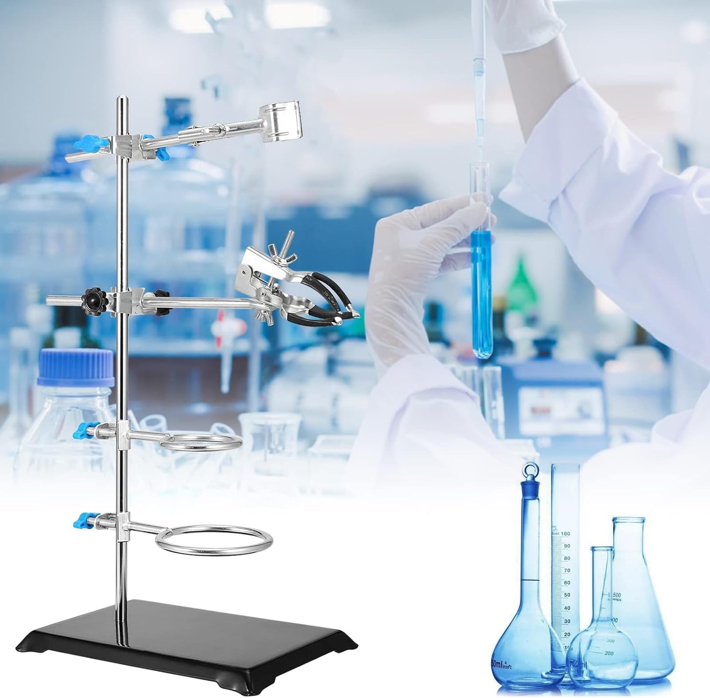 Premium 2 PCS 16 Inch Lab Stand Set with Clamps and Retort Rings - Essential Laboratory Support for Scientific Glassware and Labware