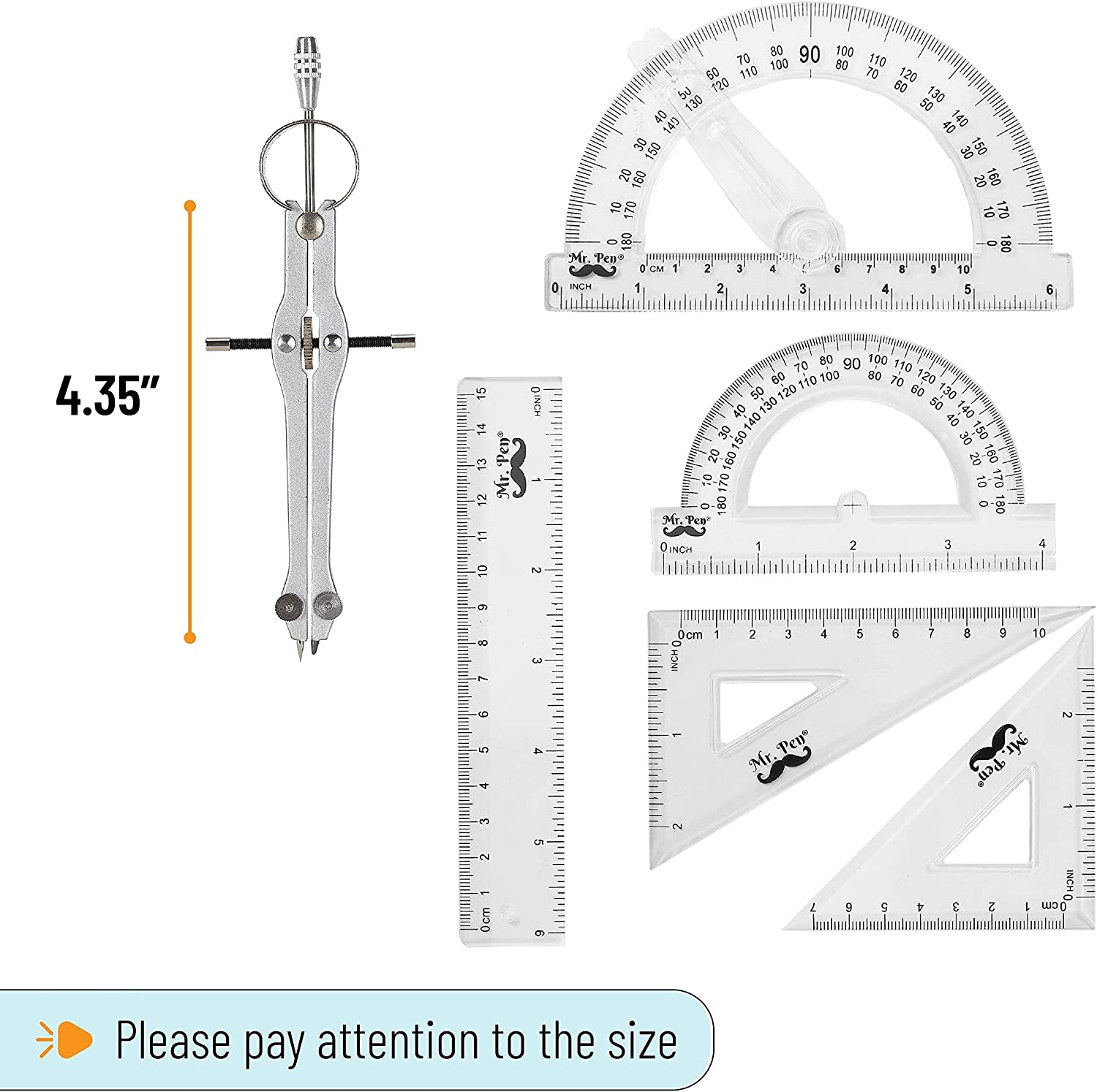 Complete Geometry Set: 15 Piece Toolkit with 6-Inch Swing Arm Protractor, Divider, Set Squares, Ruler, and Compasses for Precision Drawing