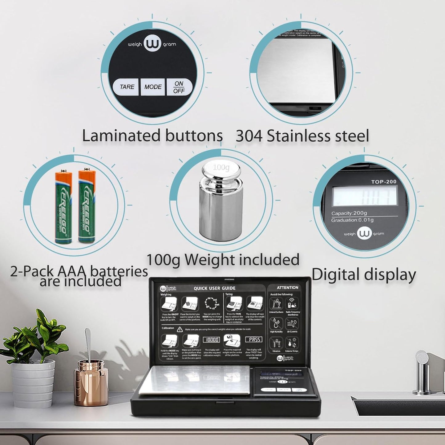 200G Digital Pocket Scale with 0.01G Accuracy - Compact Mini Scale for Food, Jewelry, and Grains, Includes 100G Calibration Weight