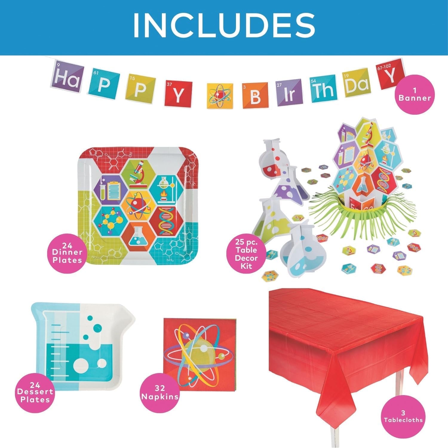 Ultimate 87-Piece Science-Themed Party Tableware Set for 24 Guests - Plates, Napkins, Banner, Table Cover & Décor for Unforgettable Birthday Celebrations!