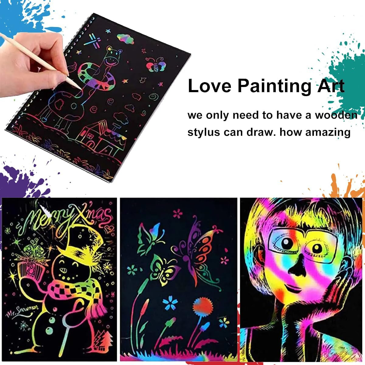 Rainbow Scratch Art Set: 2-Pack Notebooks with 20 Sheets of Magic Scratch Paper and Wooden Stylus - Ideal Gift for Creative Minds