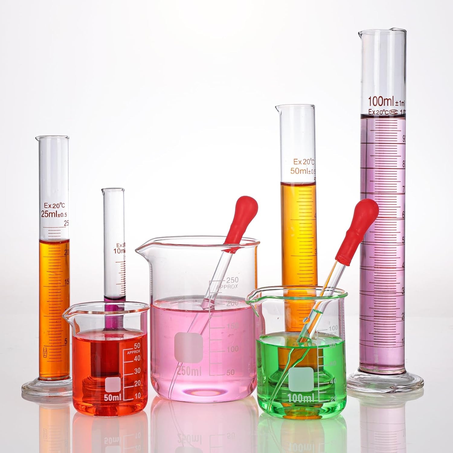 Professional Glass Graduated Cylinder and Beaker Set with Droppers - Includes 10ml, 25ml, 50ml, 100ml Cylinders and 50ml, 100ml, 250ml Beakers