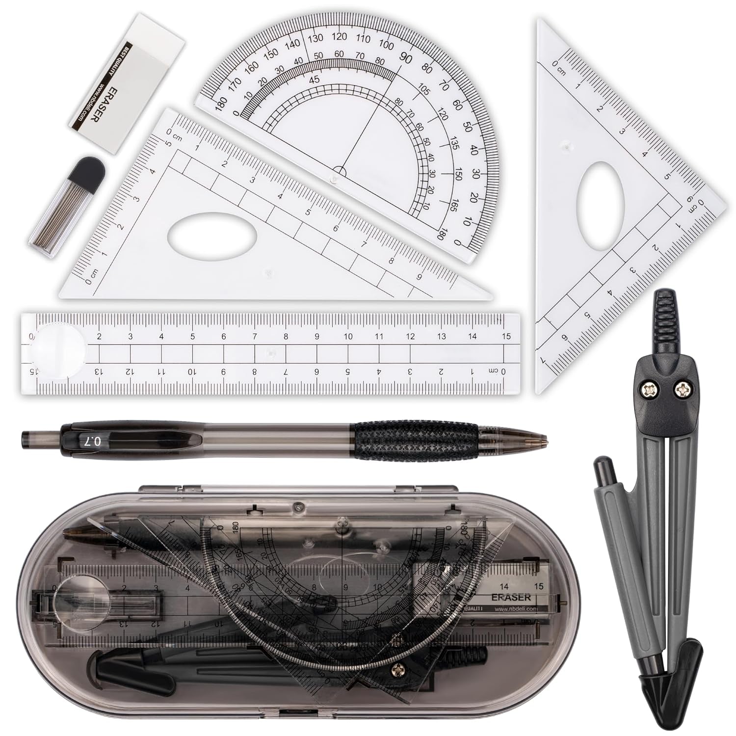 Ultimate Geometry Compass Set - 8-Piece Math Kit with Protractor, Rulers, Pencil Refills, and More for Students and Engineers