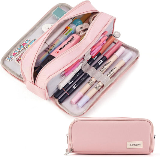 Spacious 3-Compartment Pink Pencil Case for School & Office - Perfect for Teens and Adults!