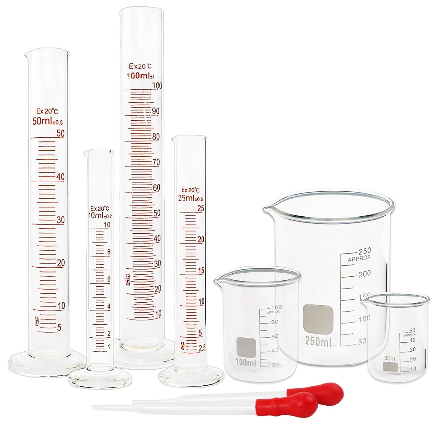 Professional Glass Graduated Cylinder and Beaker Set with Droppers - Includes 10ml, 25ml, 50ml, 100ml Cylinders and 50ml, 100ml, 250ml Beakers