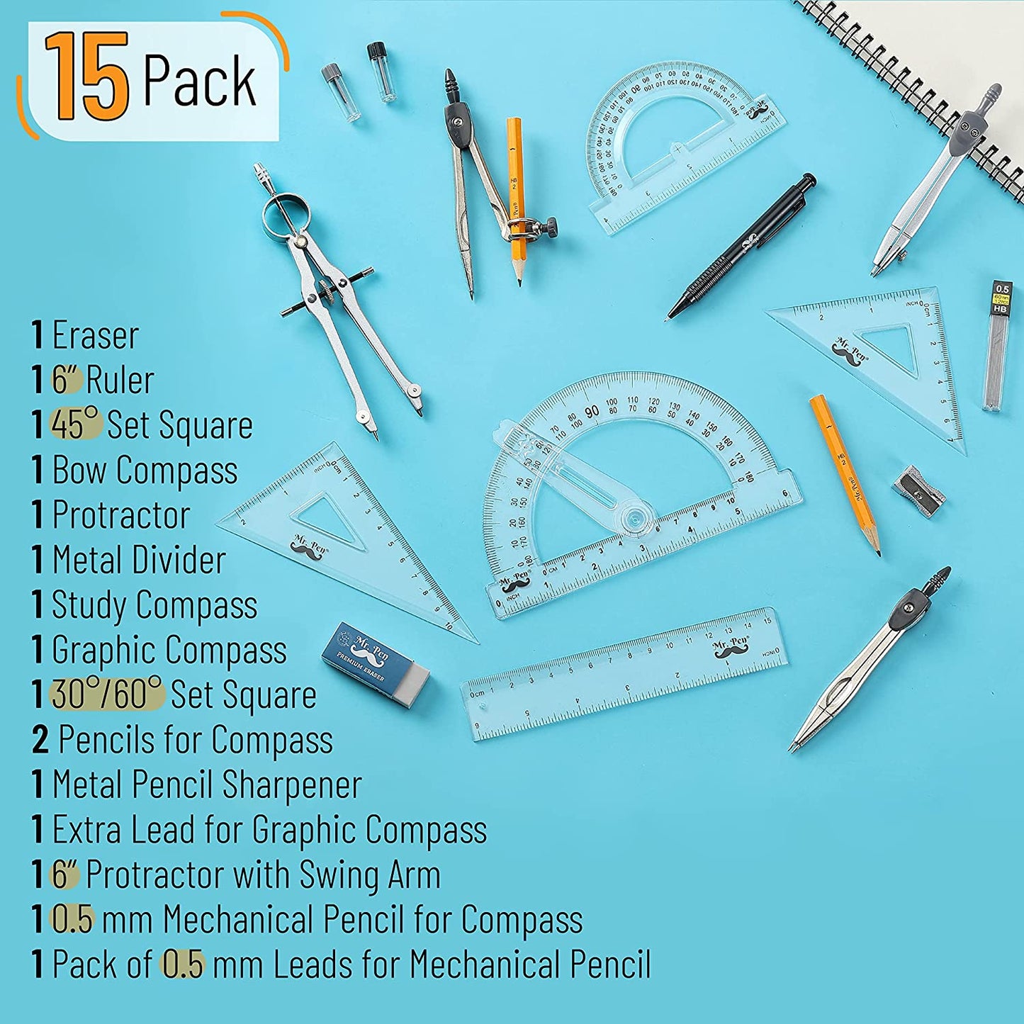 Complete Geometry Set: 15 Piece Toolkit with 6-Inch Swing Arm Protractor, Divider, Set Squares, Ruler, and Compasses for Precision Drawing