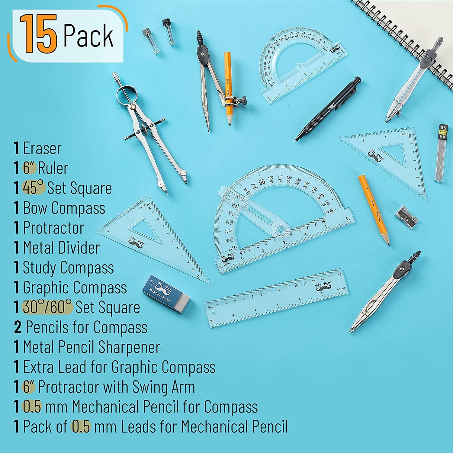 Complete Geometry Set: 15 Piece Toolkit with 6-Inch Swing Arm Protractor, Divider, Set Squares, Ruler, and Compasses for Precision Drawing