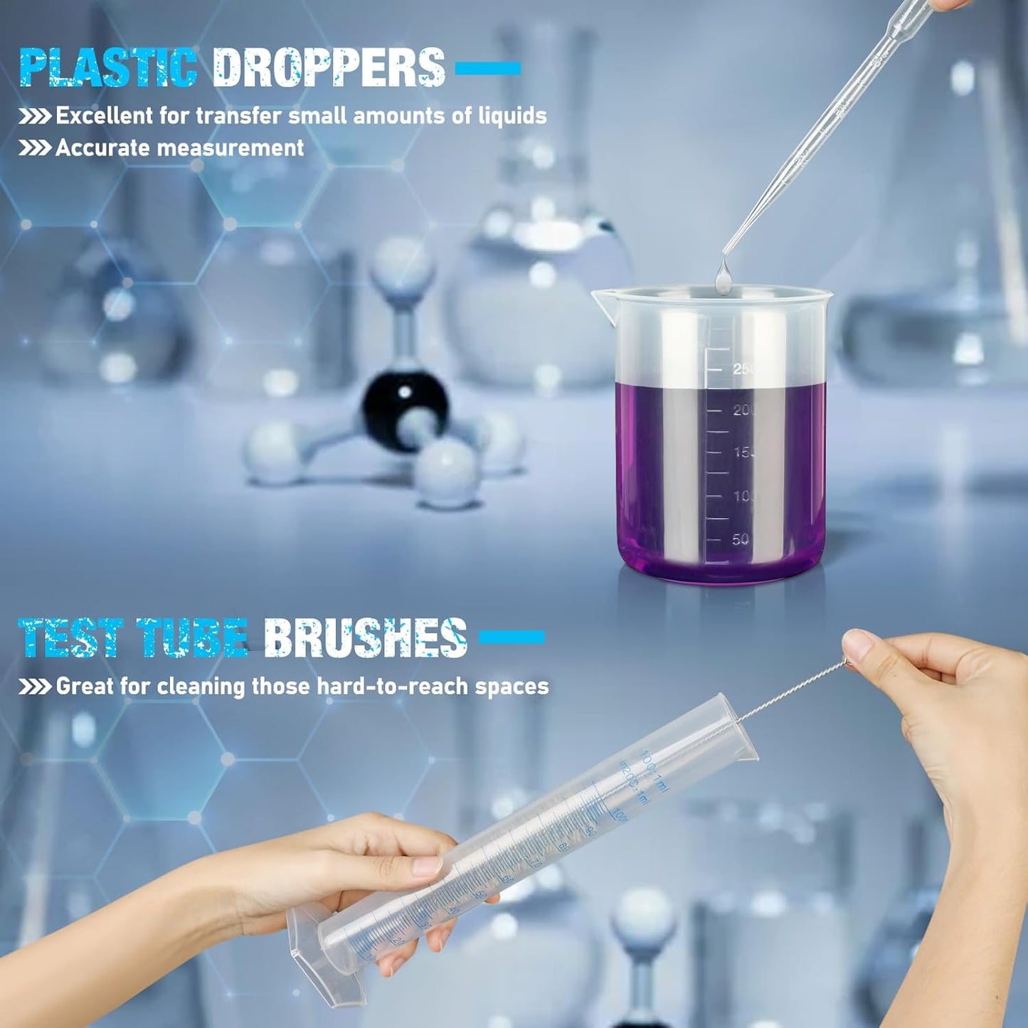 Professional Plastic Graduated Cylinders and Beakers Set with 5 Pipettes - Includes 10ml, 25ml, 50ml, 100ml Cylinders and 50ml, 100ml, 250ml, 500ml, 1000ml Beakers - Perfect for DIY Projects and Children's Science Experiments