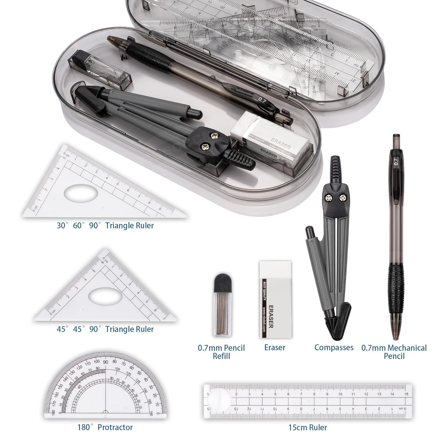 Ultimate Geometry Compass Set - 8-Piece Math Kit with Protractor, Rulers, Pencil Refills, and More for Students and Engineers