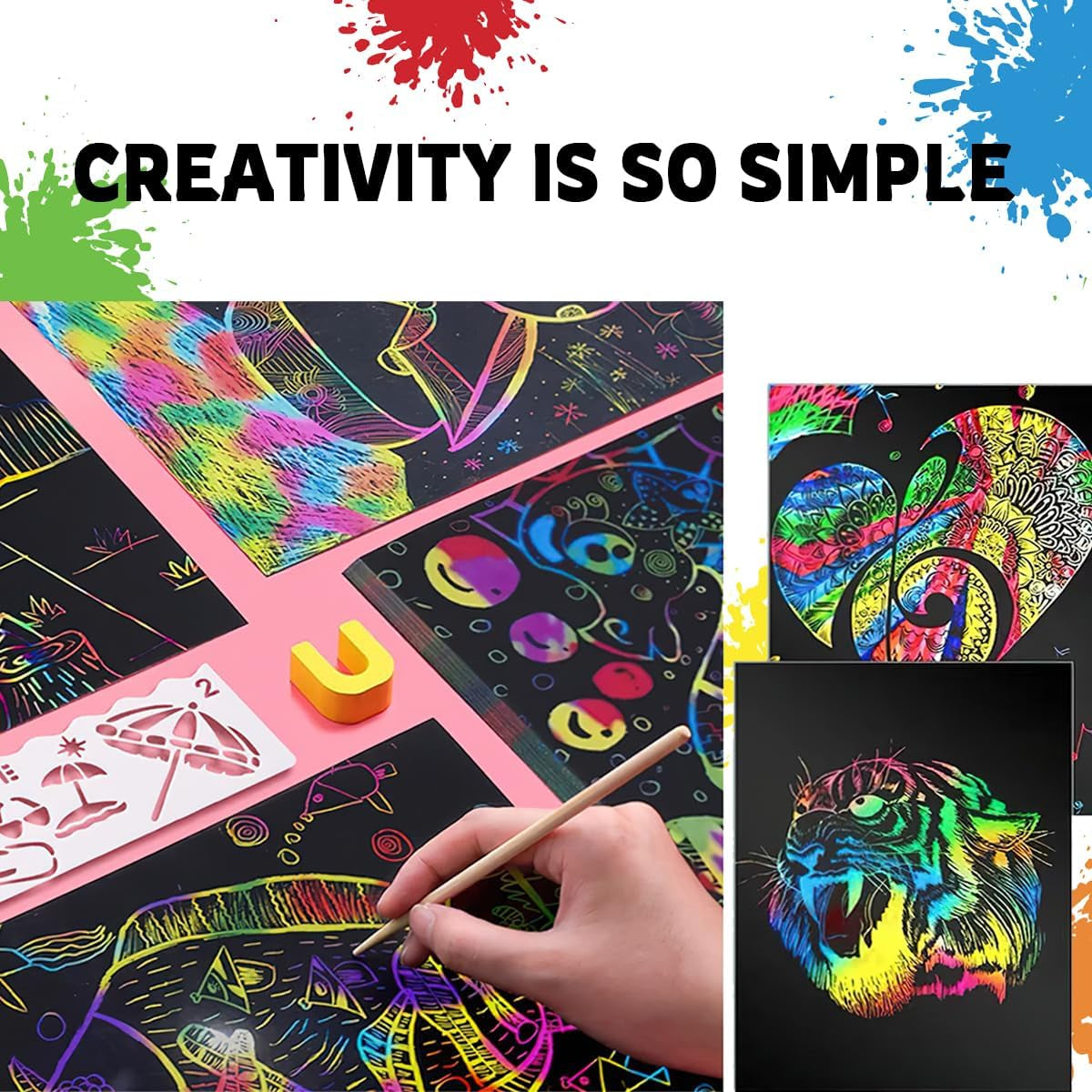 Rainbow Scratch Art Set: 2-Pack Notebooks with 20 Sheets of Magic Scratch Paper and Wooden Stylus - Ideal Gift for Creative Minds