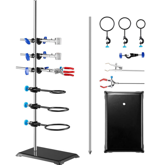 Premium Lab Stand Support Set - 23.6" Steel Rod with Cast Iron Base & Flask, Burette, and Cross Clamps