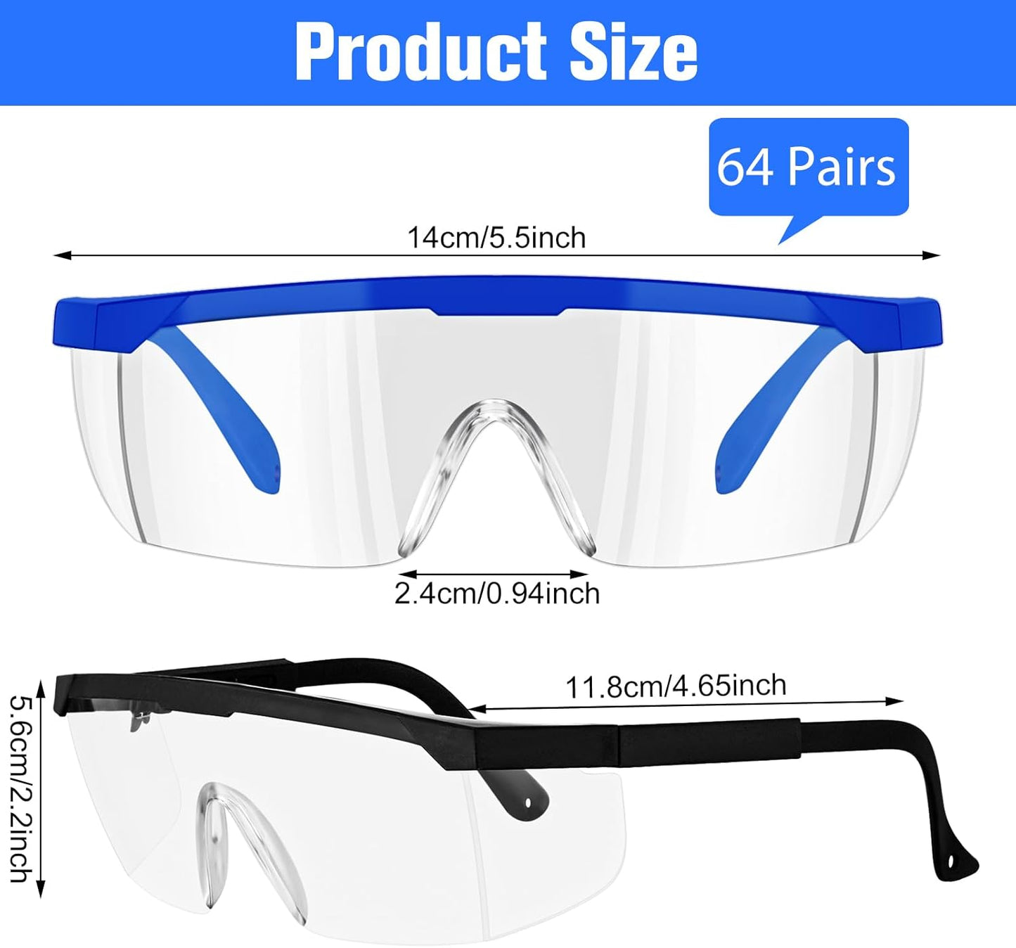 Bulk 64 Pairs Safety Goggles - Over Glasses Eye Protection for Science Class - Ideal for Men, Women, and Kids (Blue & Black)