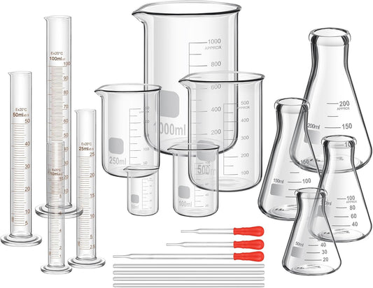 20 Pcs Lab Glassware Include 4 Graduated Cylinder Set, 4 Glass Beaker Set, 3 Glass Dropper, 4 Stirring Rod, 5 Measuring Cups for Laboratory Equipment Science Chemistry Supplies