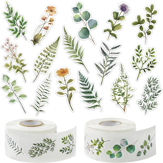 1000-Piece Watercolor Green Plant Sticker Rolls (2 Rolls), 16 Spring Designs for Decorative Decals, Ideal for Kids' Scrapbooking, Water Bottles, and Gift Wrapping