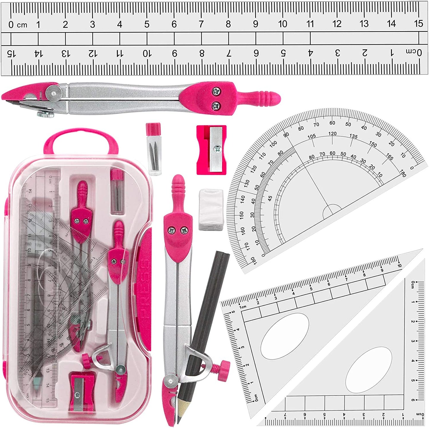 Professional Geometry Set with Compasses and Protractor in Carry Case - Pink