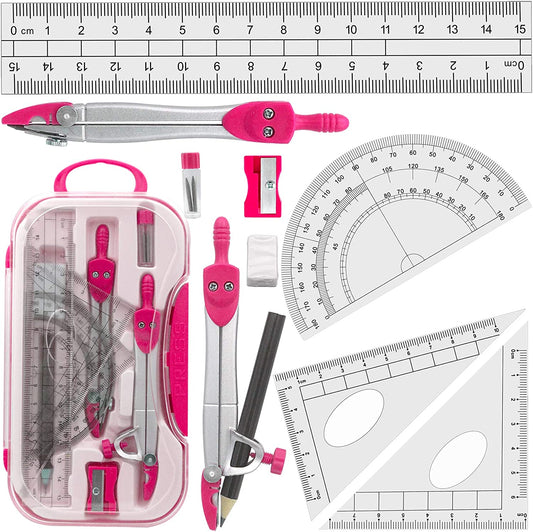 Professional Geometry Set with Compasses and Protractor in Carry Case - Pink