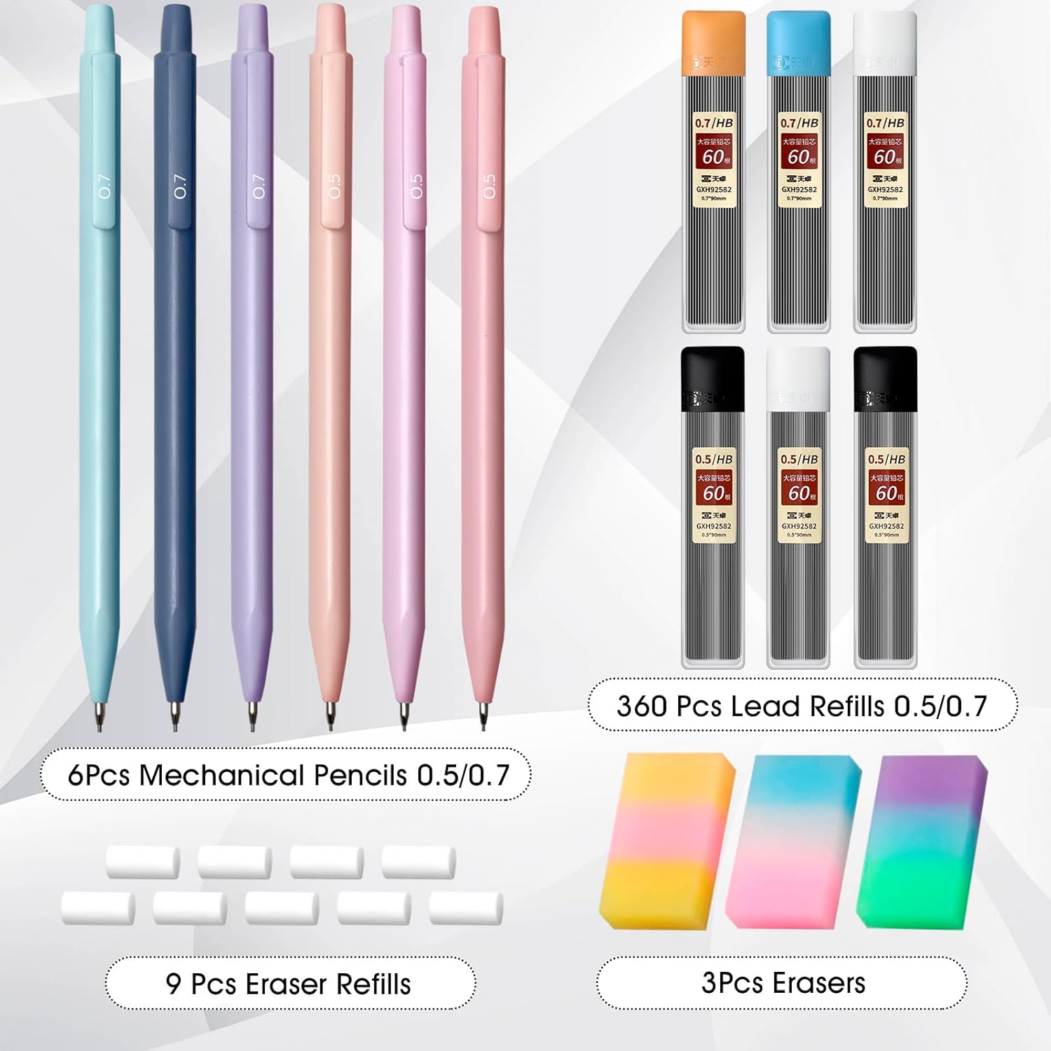 Pastel Mechanical Pencil Set - 6-Piece Collection with 0.5 & 0.7mm Pencils, 6 Tubes of HB Lead Refills, and 3 Erasers - Aesthetic Writing Tools for Women and Girls, Ideal for Back to School Supplies and Gifts