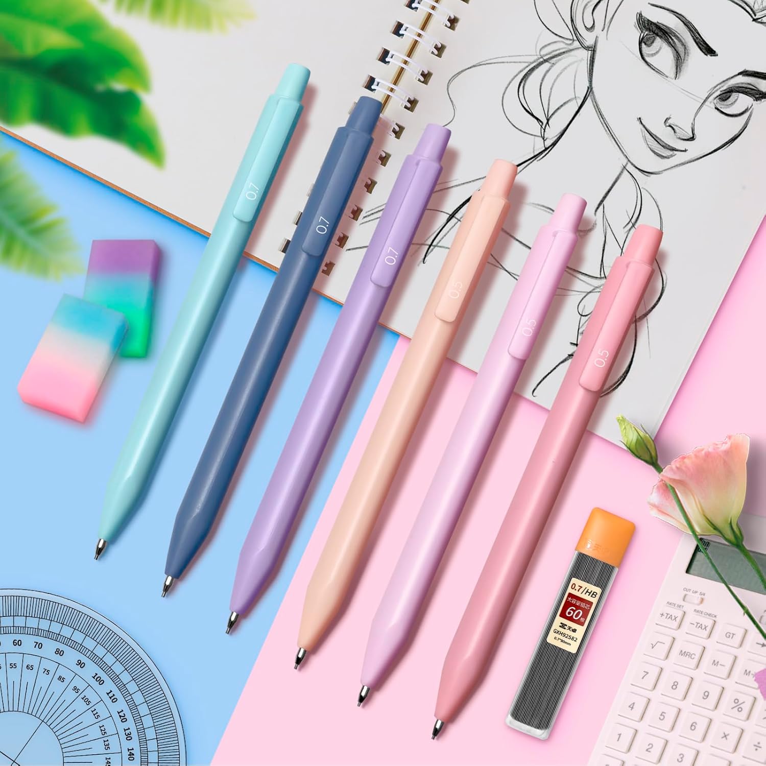 Pastel Mechanical Pencil Set - 6-Piece Collection with 0.5 & 0.7mm Pencils, 6 Tubes of HB Lead Refills, and 3 Erasers - Aesthetic Writing Tools for Women and Girls, Ideal for Back to School Supplies and Gifts