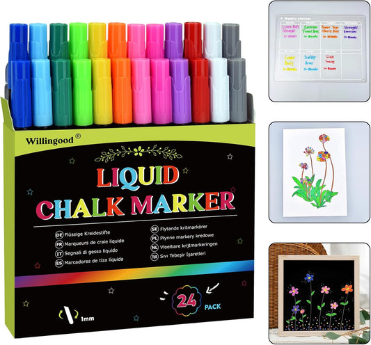 24-Pack Liquid Chalk Markers - Fine Point 1mm for Acrylic, Fridge Calendars, Windows, Mirrors, and Glass - 12 Vibrant Colors