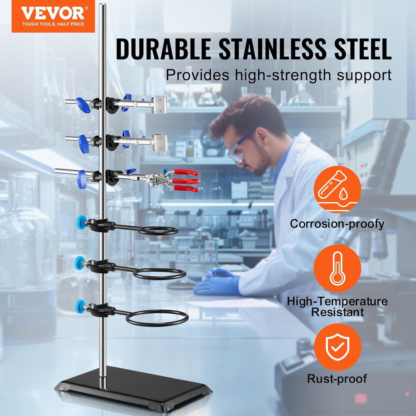 Premium Lab Stand Support Set - 23.6" Steel Rod with Cast Iron Base & Flask, Burette, and Cross Clamps