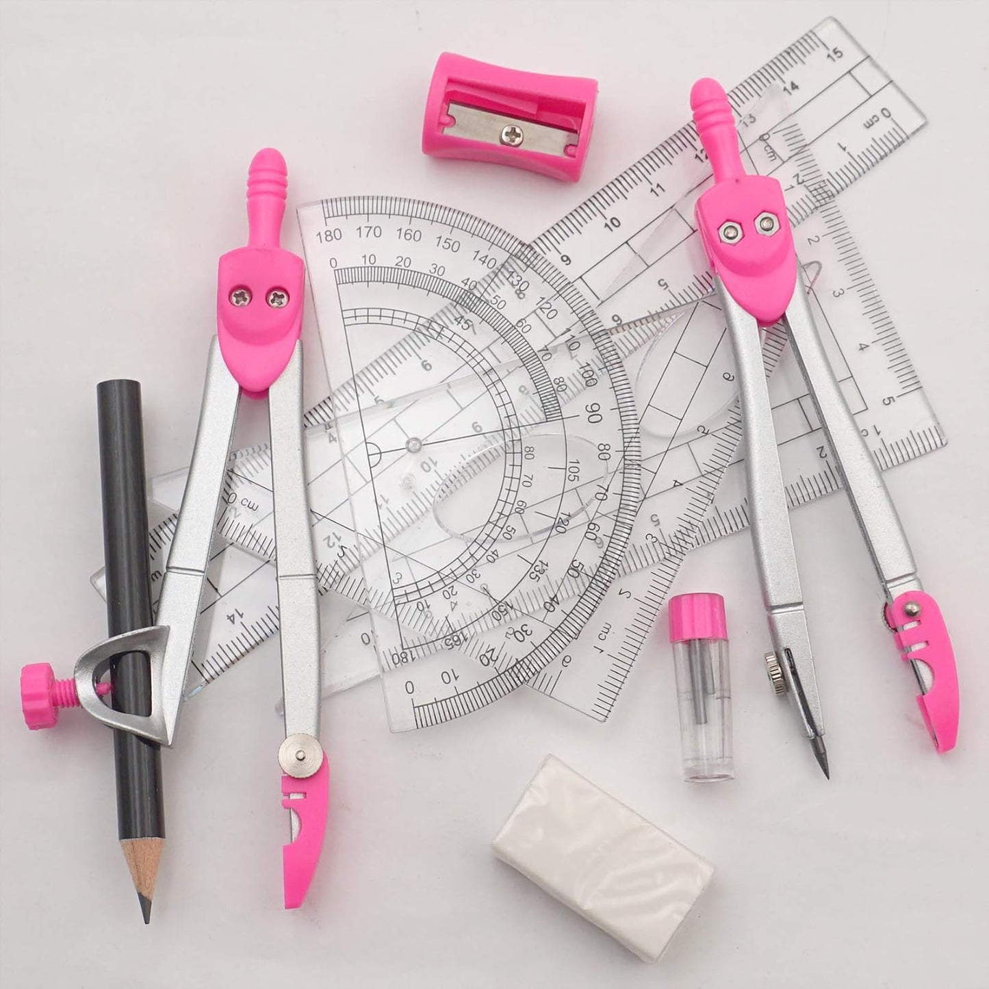 Professional Geometry Set with Compasses and Protractor in Carry Case - Pink