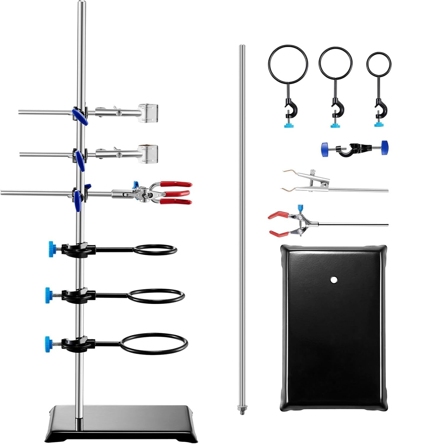 Premium Lab Stand Support Set - 23.6" Steel Rod with Cast Iron Base & Flask, Burette, and Cross Clamps