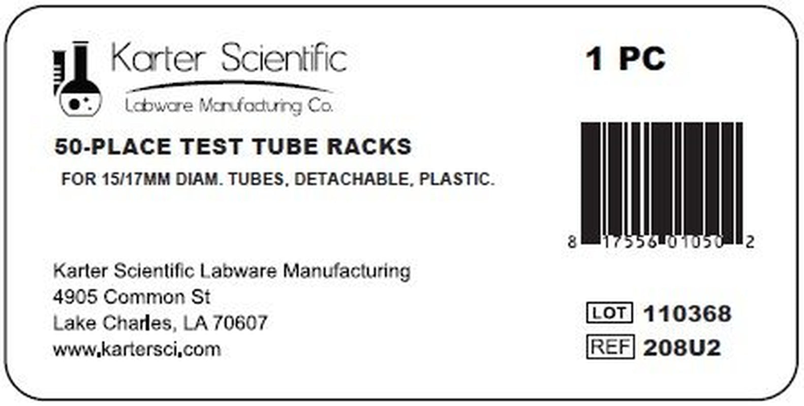 Detachable Plastic Test Tube Rack for 15/18 mm Tubes, 18.7 mm Hole Diameter, Holds 50 Tubes, Model 208U2 (Pack of 1)