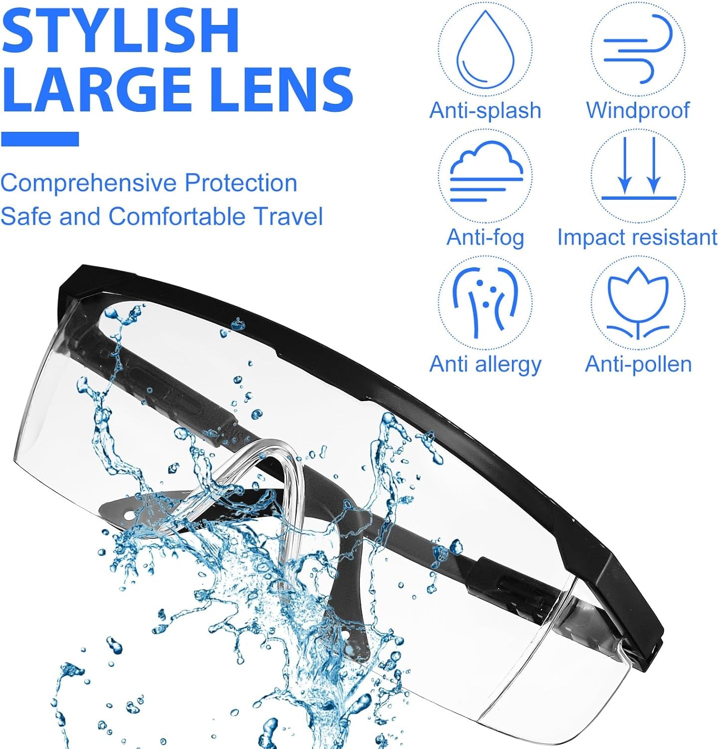 Bulk 64 Pairs Safety Goggles - Over Glasses Eye Protection for Science Class - Ideal for Men, Women, and Kids (Blue & Black)