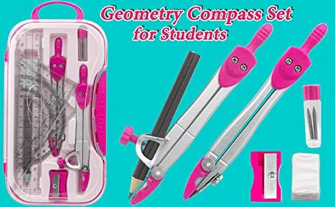 Professional Geometry Set with Compasses and Protractor in Carry Case - Pink