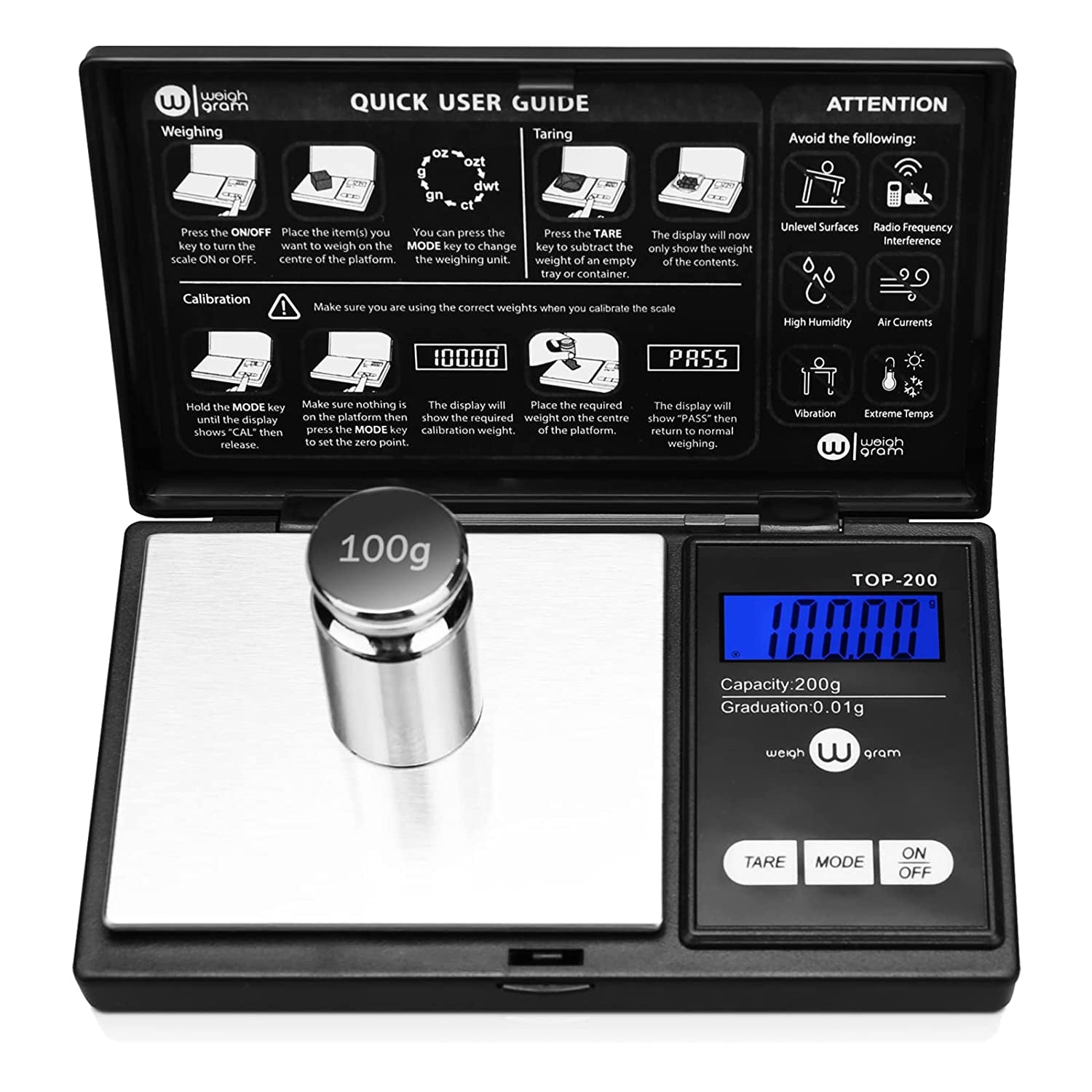 200G Digital Pocket Scale with 0.01G Accuracy - Compact Mini Scale for Food, Jewelry, and Grains, Includes 100G Calibration Weight