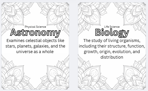 Branches Of Science Coloring Pages for Classroom Decoration- Interactive activity with Vocabulary-Digital Product