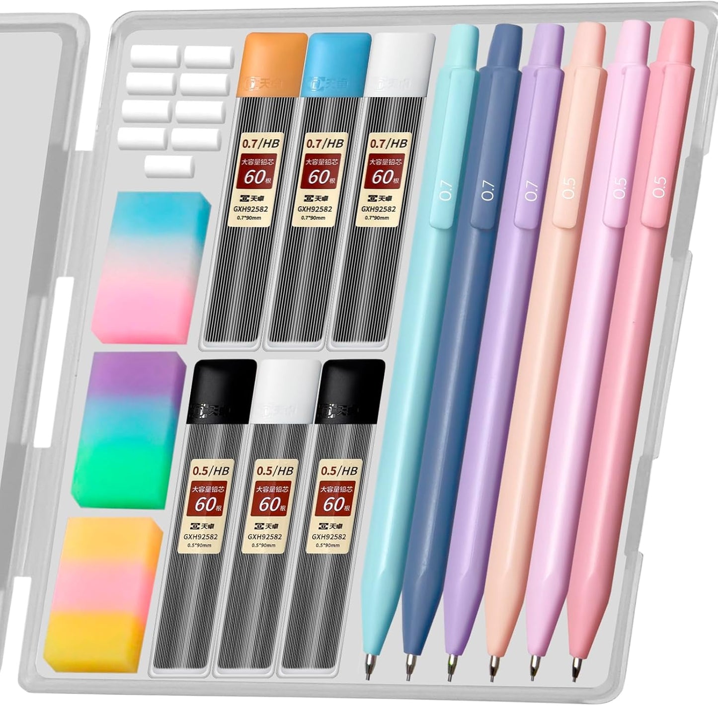 Pastel Mechanical Pencil Set - 6-Piece Collection with 0.5 & 0.7mm Pencils, 6 Tubes of HB Lead Refills, and 3 Erasers - Aesthetic Writing Tools for Women and Girls, Ideal for Back to School Supplies and Gifts