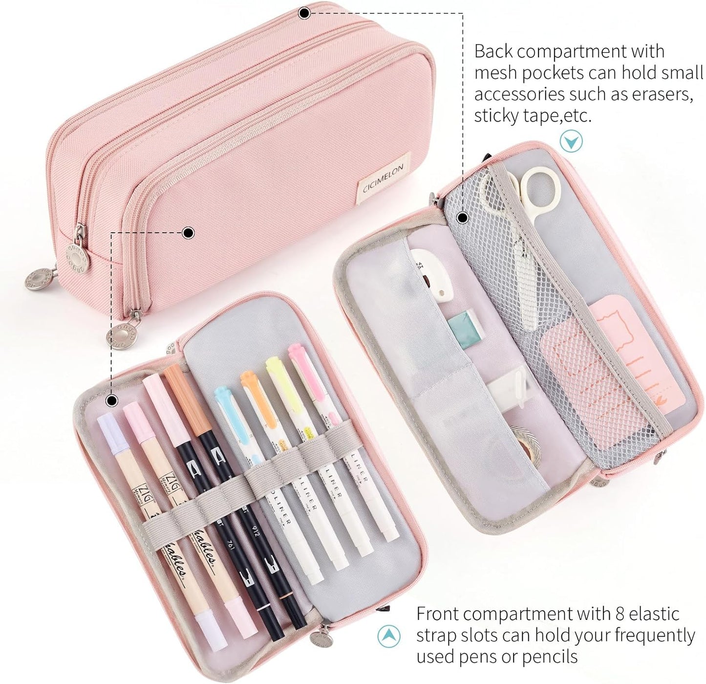 Spacious 3-Compartment Pink Pencil Case for School & Office - Perfect for Teens and Adults!