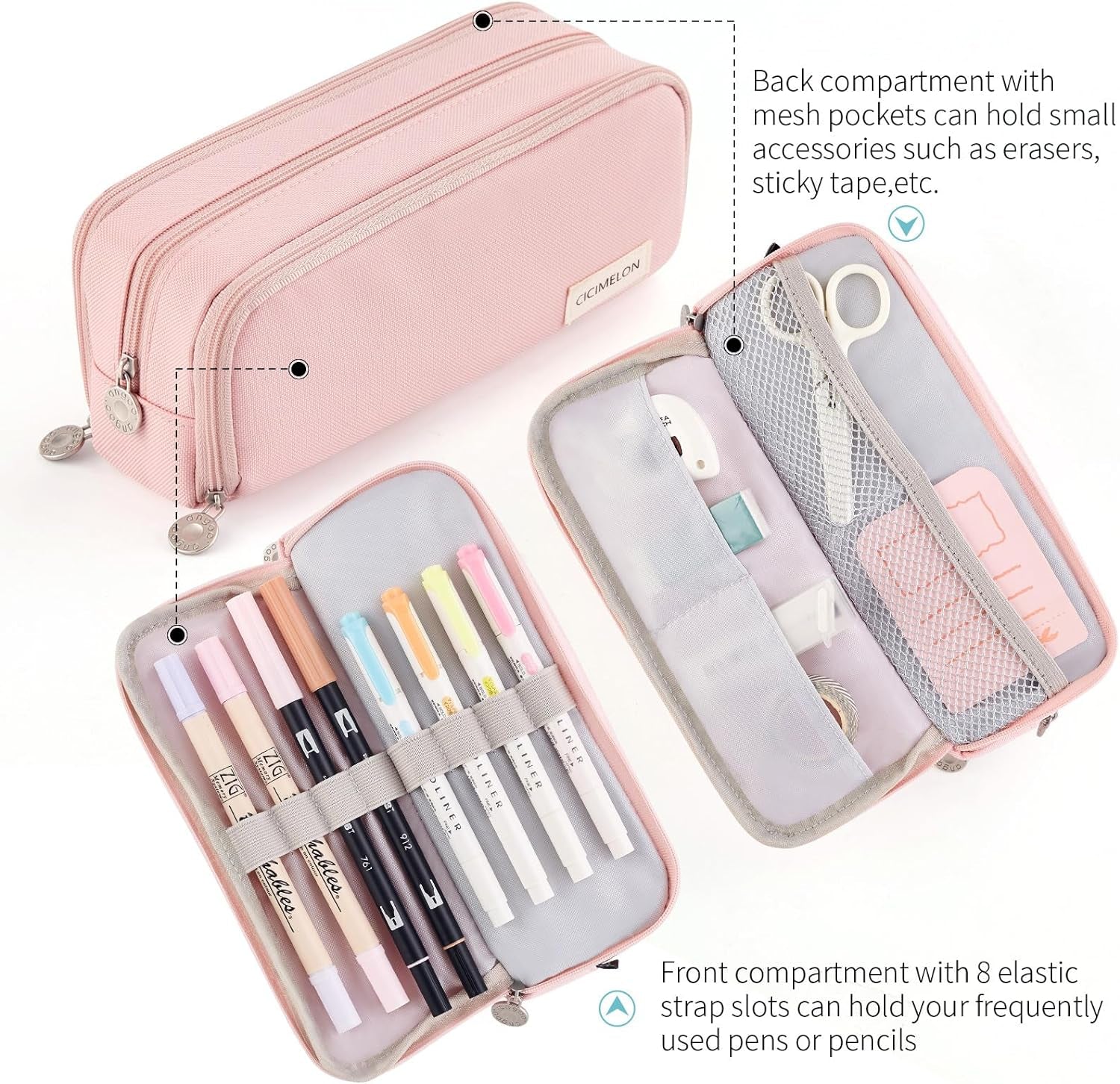 Spacious 3-Compartment Pink Pencil Case for School & Office - Perfect for Teens and Adults!