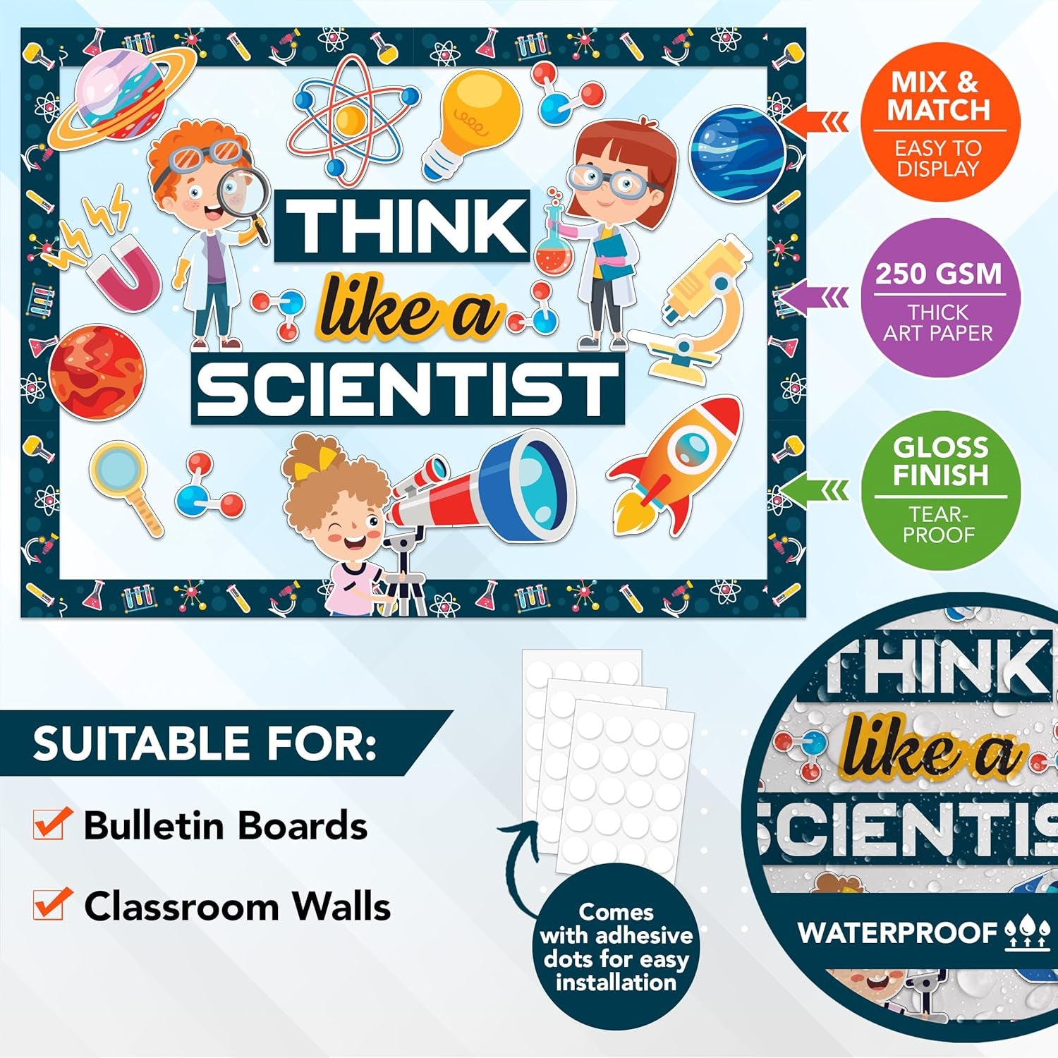 48-Piece Science Bulletin Board Set for Classrooms with Borders - Professional Science Decor for Middle School Classrooms, "Think Like a Scientist" Theme