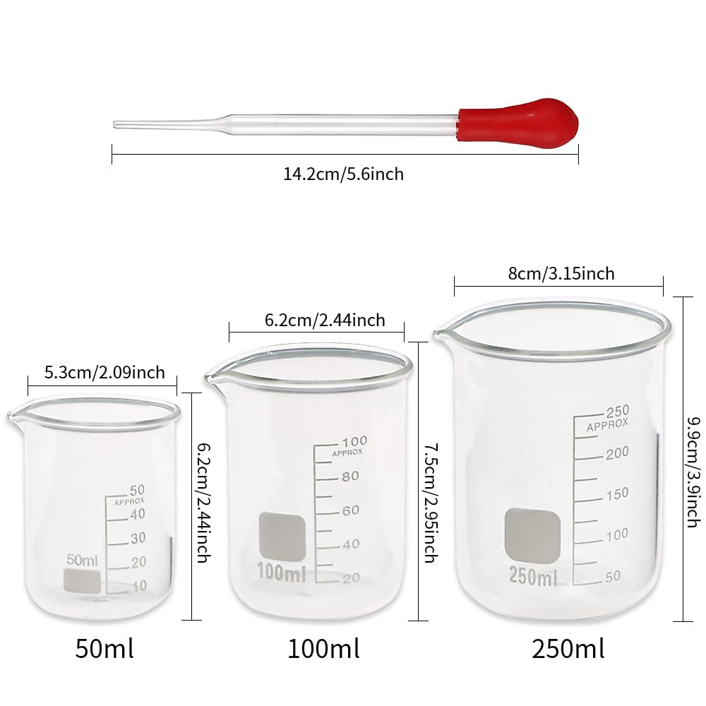 Professional Glass Graduated Cylinder and Beaker Set with Droppers - Includes 10ml, 25ml, 50ml, 100ml Cylinders and 50ml, 100ml, 250ml Beakers