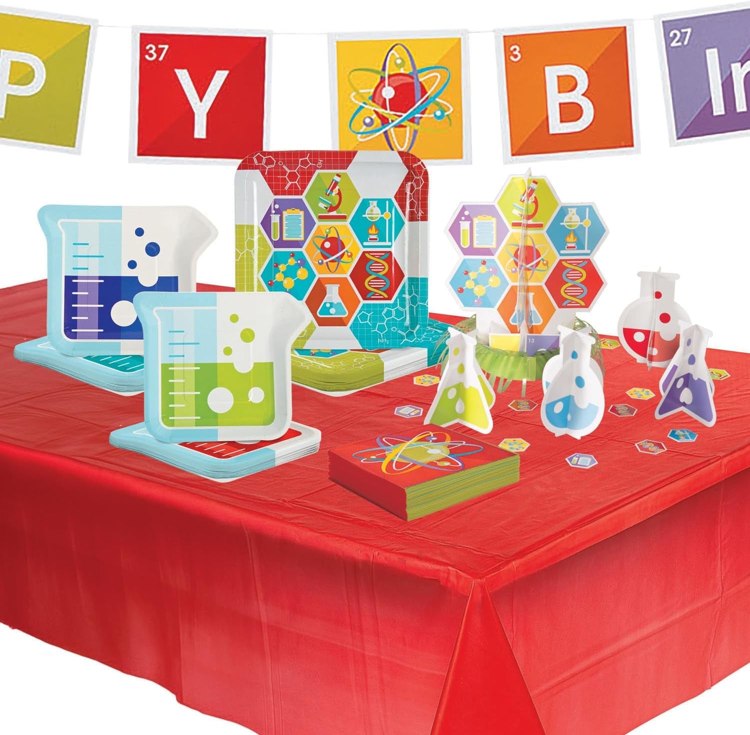 Ultimate 87-Piece Science-Themed Party Tableware Set for 24 Guests - Plates, Napkins, Banner, Table Cover & Décor for Unforgettable Birthday Celebrations!