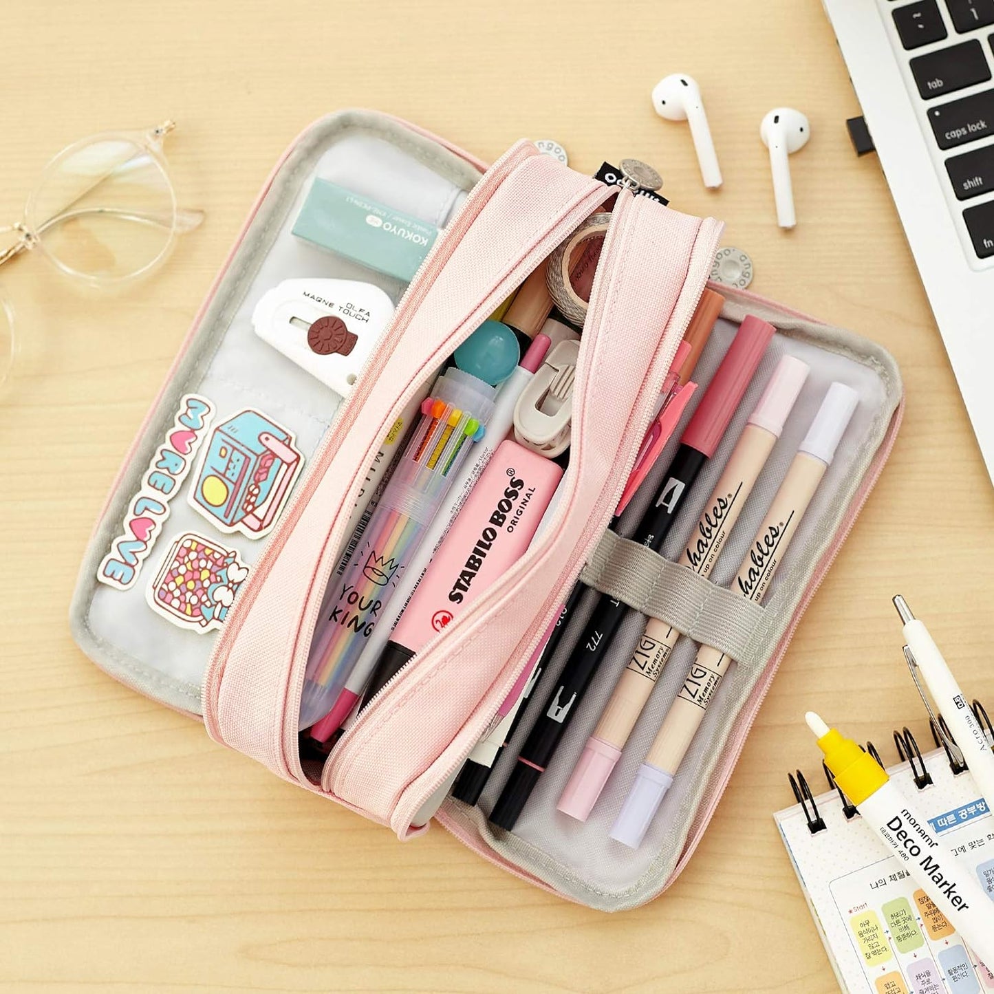 Spacious 3-Compartment Pink Pencil Case for School & Office - Perfect for Teens and Adults!