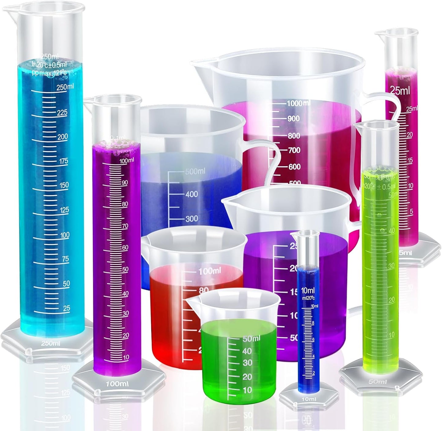 Complete Set of 10 Clear Plastic Graduated Cylinders and Beakers - 5 Sizes Each for Accurate Measurements