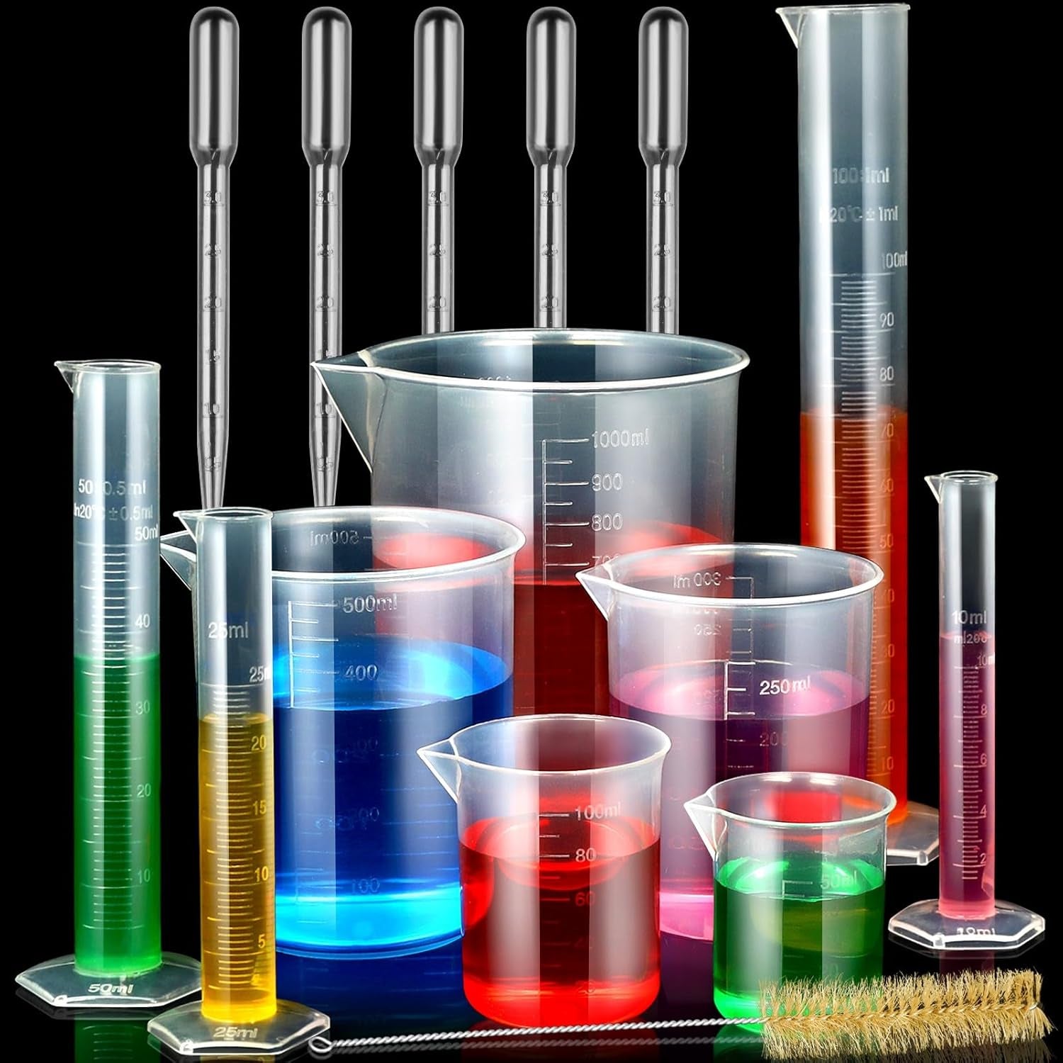 Professional Plastic Graduated Cylinders and Beakers Set with 5 Pipettes - Includes 10ml, 25ml, 50ml, 100ml Cylinders and 50ml, 100ml, 250ml, 500ml, 1000ml Beakers - Perfect for DIY Projects and Children's Science Experiments