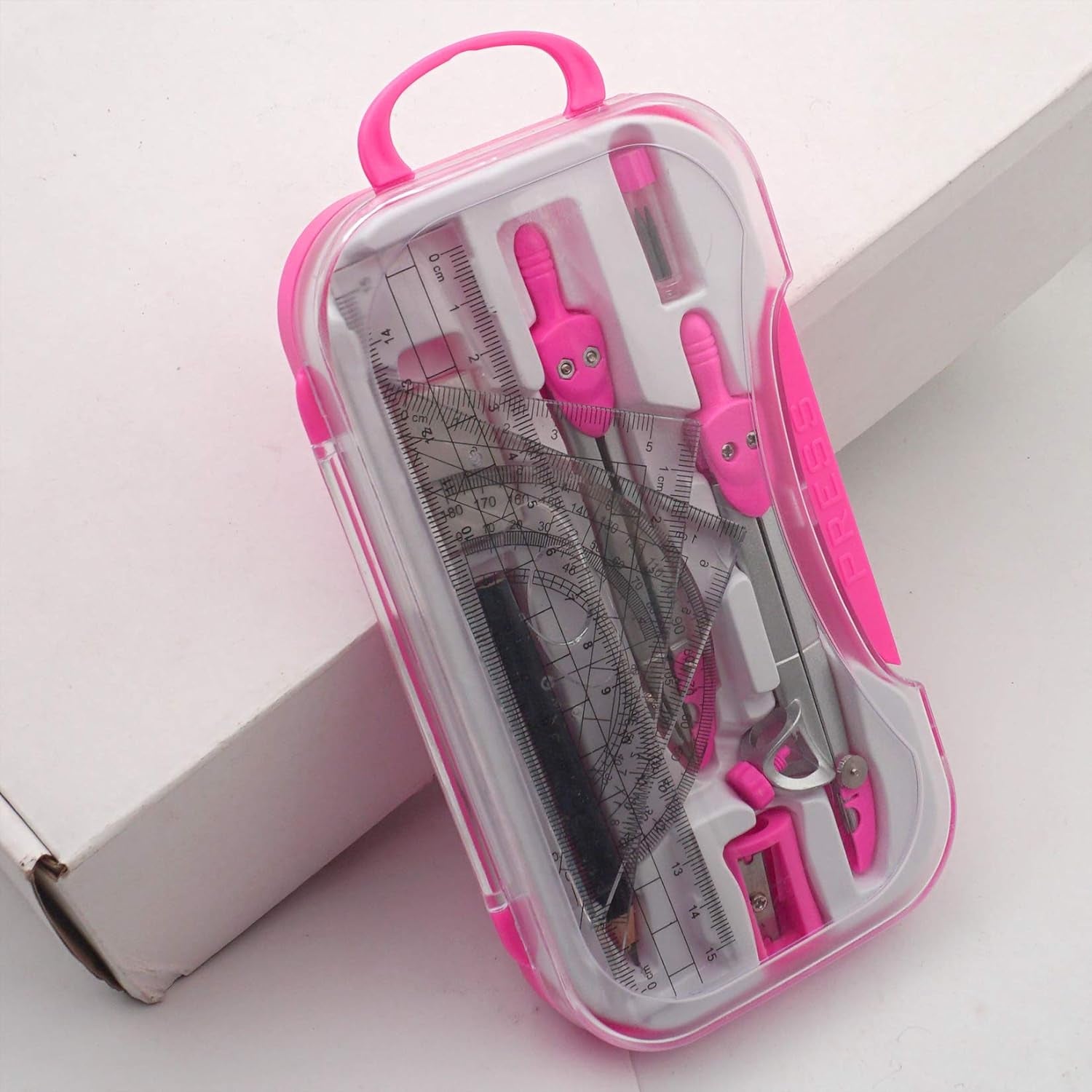 Professional Geometry Set with Compasses and Protractor in Carry Case - Pink