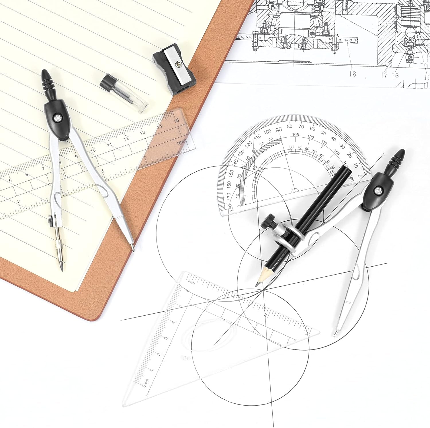 Professional Math Geometry Kit - 10-Piece Student Supplies Set with Shatterproof Storage Box, Including Rulers, Protractor, Compass, Eraser, Pencil Sharpener, Lead Refills, and Pencil for Drafting and Drawing (Black)