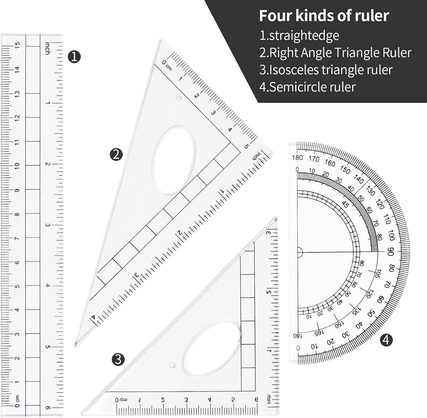 Professional Math Geometry Kit - 10-Piece Student Supplies Set with Shatterproof Storage Box, Including Rulers, Protractor, Compass, Eraser, Pencil Sharpener, Lead Refills, and Pencil for Drafting and Drawing (Black)