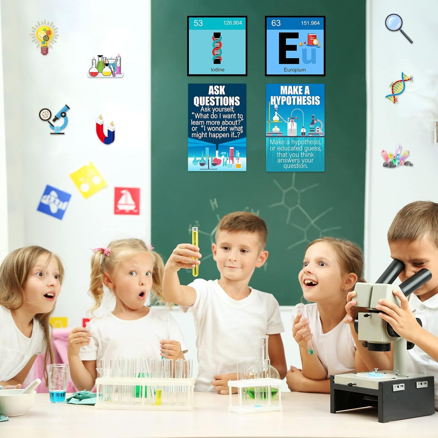 27-Piece Laminated Science Bulletin Board Set - Classroom Decoration with Scientist Posters and Cutouts for Educational Spaces and Events