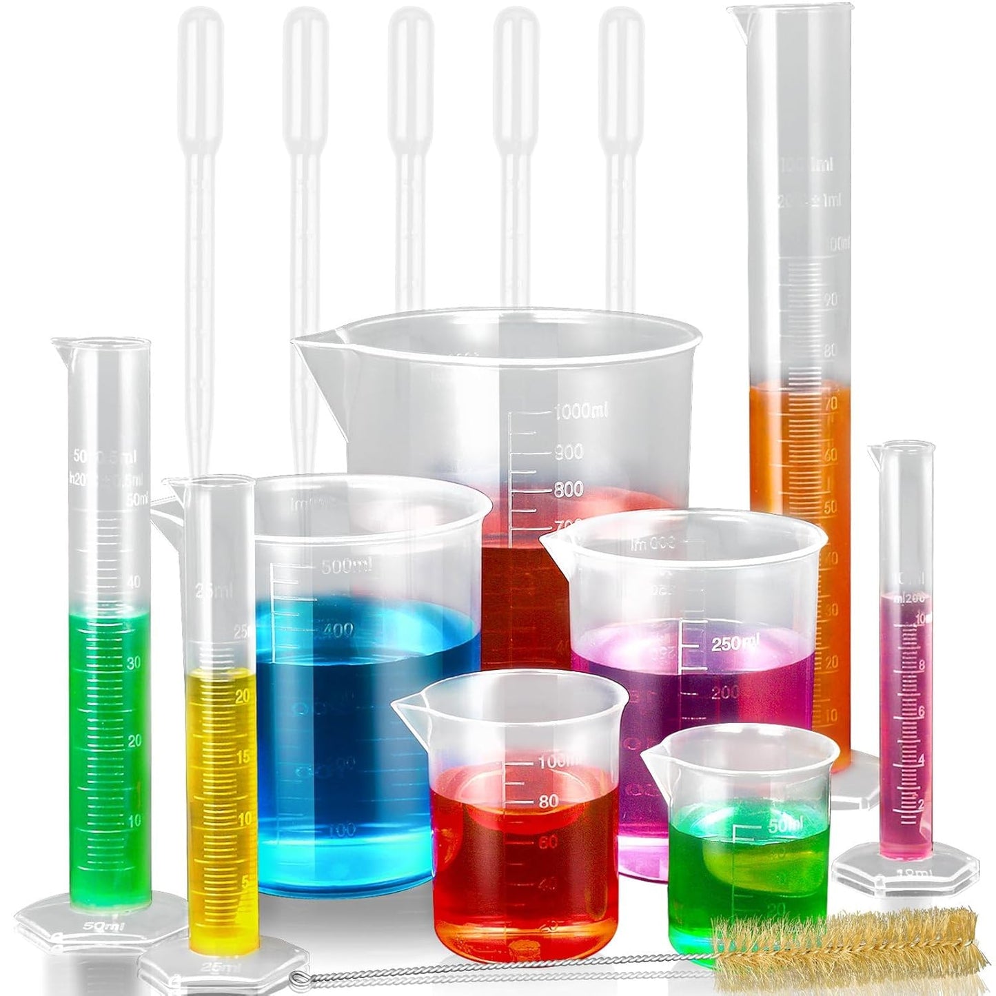 Professional Plastic Graduated Cylinders and Beakers Set with 5 Pipettes - Includes 10ml, 25ml, 50ml, 100ml Cylinders and 50ml, 100ml, 250ml, 500ml, 1000ml Beakers - Perfect for DIY Projects and Children's Science Experiments