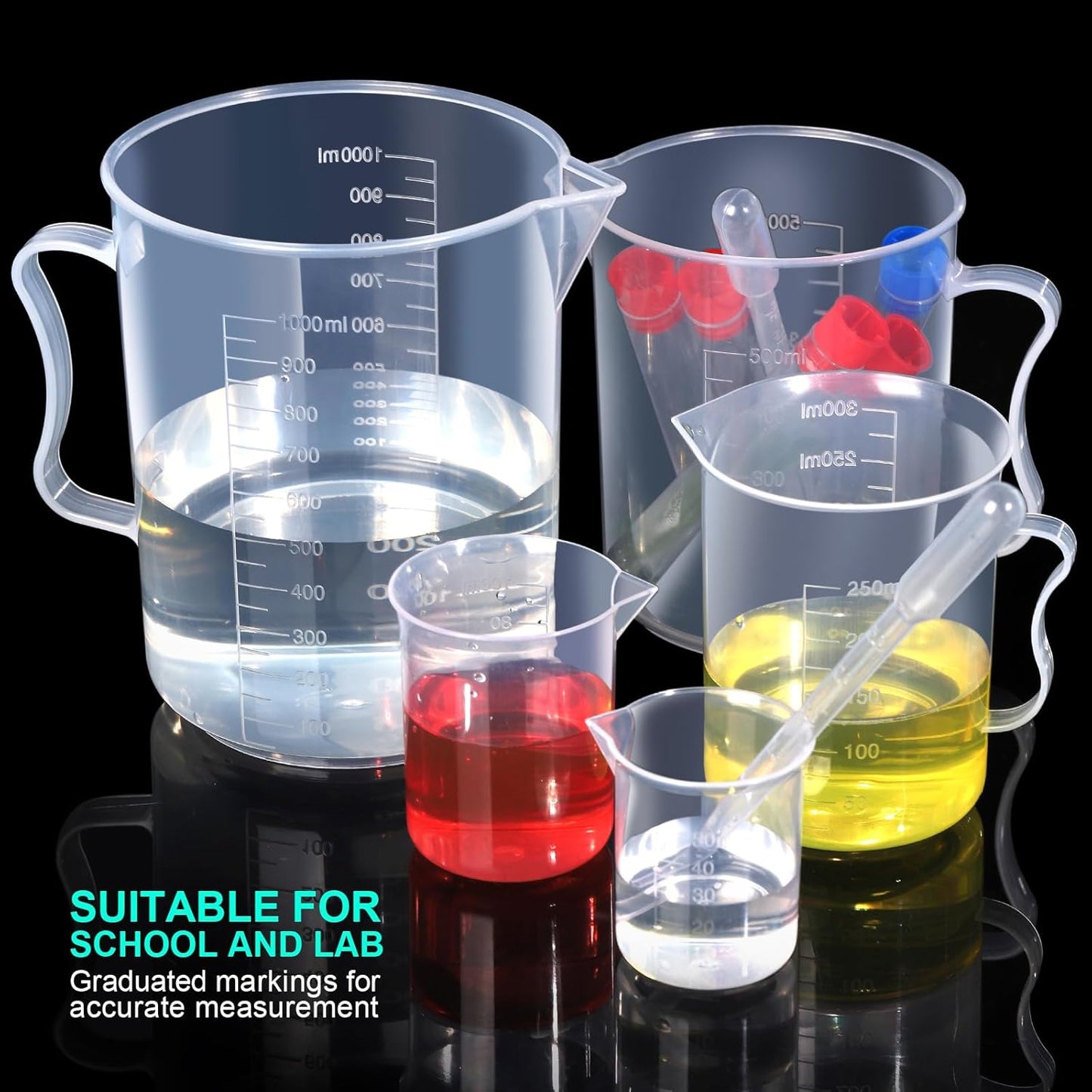 Complete Set of 10 Clear Plastic Graduated Cylinders and Beakers - 5 Sizes Each for Accurate Measurements