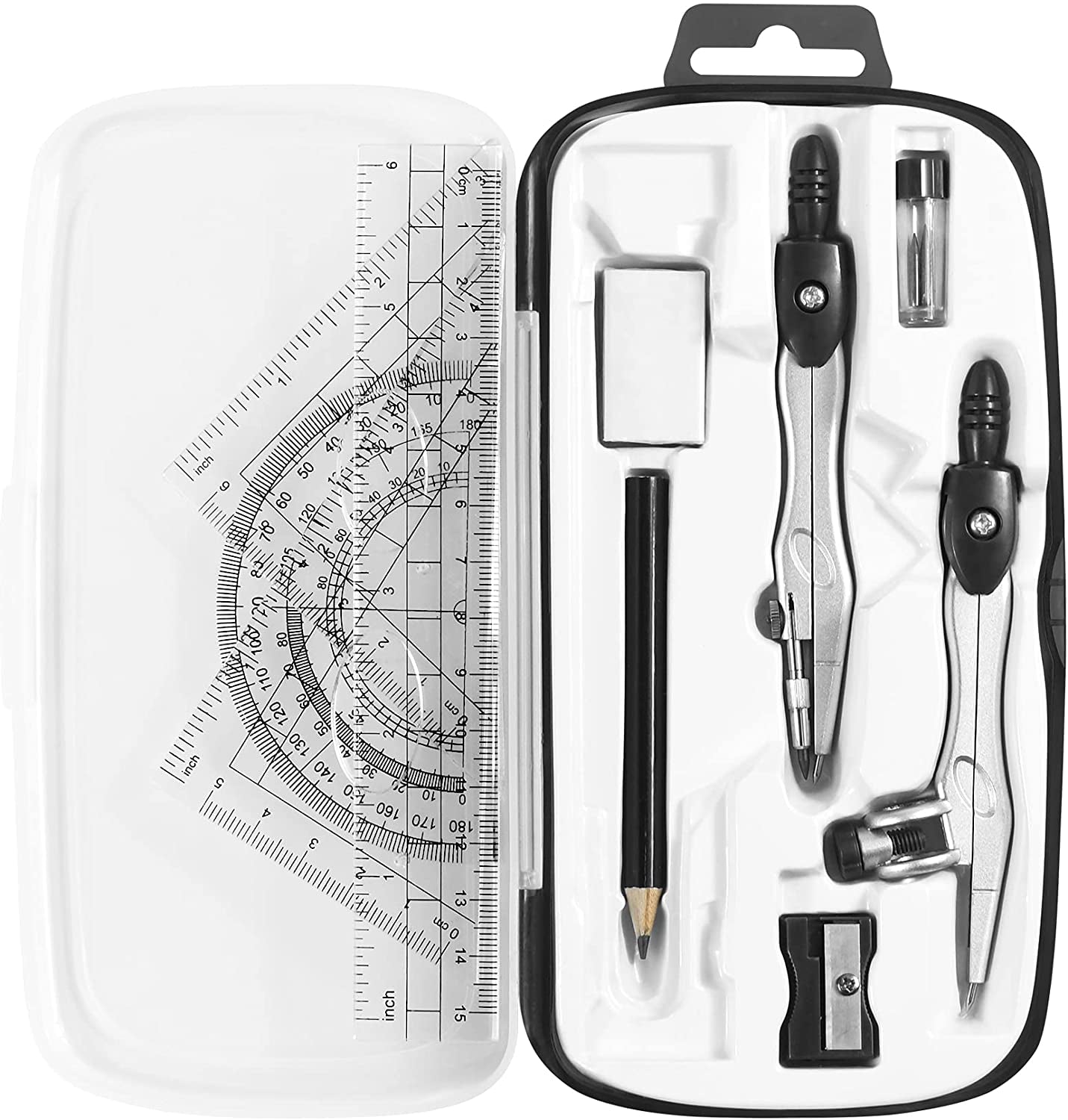 Professional Math Geometry Kit - 10-Piece Student Supplies Set with Shatterproof Storage Box, Including Rulers, Protractor, Compass, Eraser, Pencil Sharpener, Lead Refills, and Pencil for Drafting and Drawing (Black)