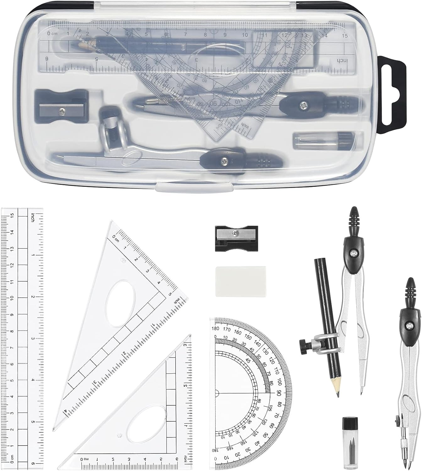 Professional Math Geometry Kit - 10-Piece Student Supplies Set with Shatterproof Storage Box, Including Rulers, Protractor, Compass, Eraser, Pencil Sharpener, Lead Refills, and Pencil for Drafting and Drawing (Black)